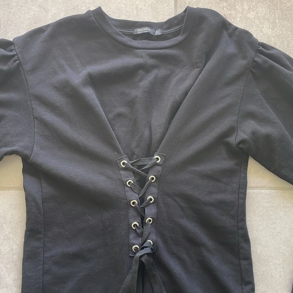 Cotton tunic sweater corset dress top, black lace up middle - Picture 3 of 6